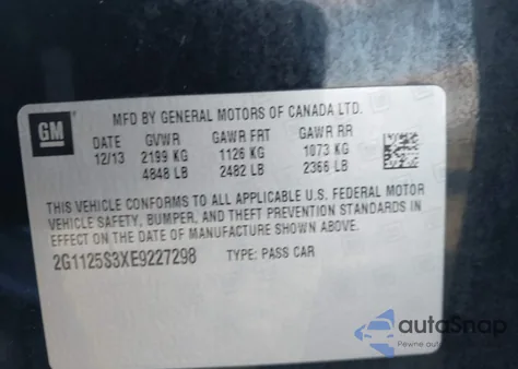 2014 Chevrolet Impala 2Lt z USA, uszkodzony, nr VIN 2G1125S3XE9227298